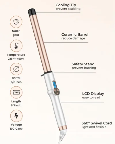 Vista 6 de Varita rizadora de barril extra larga de 1 pulgada, varita rizadora de turmalina de cerámica profesional de doble voltaje con temperatura ajustable