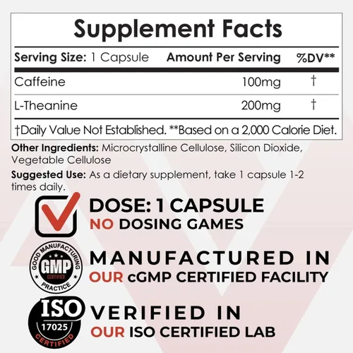 Vista 2 de Nootropics Depot Cápsulas de cafeína y L-teanina 60 píldoras Contiene 100 mg de cafeína y 200 mg de L-teanina Suplemento natural Potenciador
