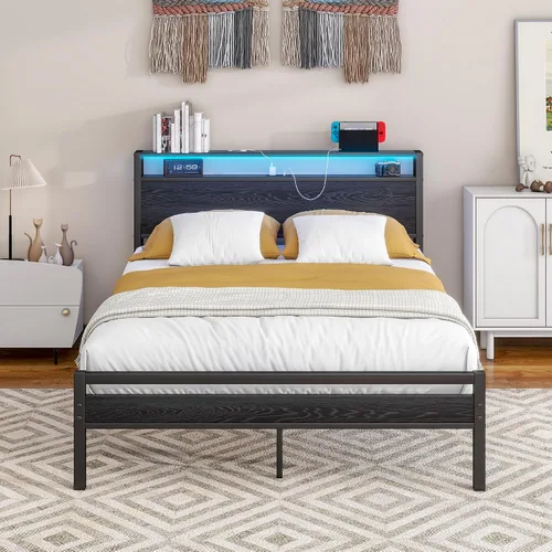 Vista 15 de BOFENG Base de cama Queen con cabecera de almacenamiento, marco de cama de plataforma de metal tamaño Queen con luces LED, estación de carga,