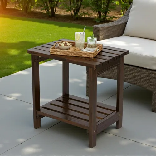 Vista 2 de Shine Company Providence - Mesa rectangular de madera maciza, mesa de patio pequeña Adirondack para exteriores, color marrón quemado