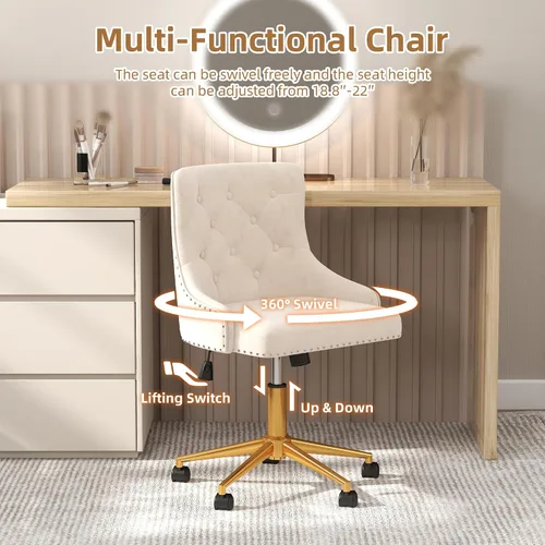 Vista 6 de Silla de escritorio de terciopelo, silla giratoria ajustable tapizada para Beige