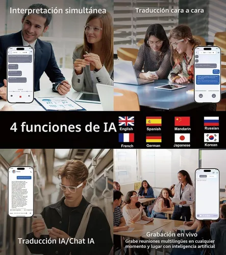 Vista 4 de Lentes inteligentes AI, lentes Bluetooth de traducción en tiempo real para hombres y mujeres 116 Languages & Accents Translator Device, Blue Light