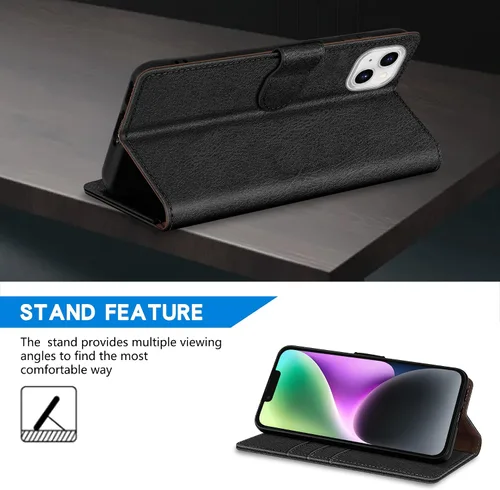 Vista 5 de ZZXX Funda tipo cartera para iPhone 15 con bloqueo RFID, ranura para tarjetas, función atril, cierre magnético, funda protectora de cuero plegable