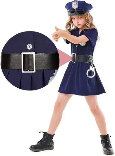 Vista 4 de Police Officer Costume for Girls Kids Halloween Costumes Cop Uniform Outfit Dress Up Set Role Play Badge Handcuffs Hat Toys