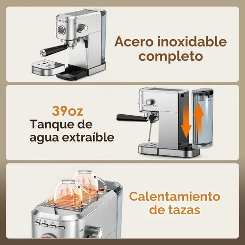 Vista 6 de Spacekey Máquina de café expreso de 20 barras, cafetera profesional de 1350 W con espumador de leche, cafetera compacta de acero inoxidable
