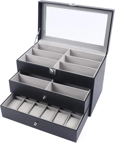 Vista 4 de Sunglass - Caja organizadora de relojes, de piel sintética negra, caja de 12 relojes y 12 piezas de almacenamiento para lentes, caja de joyería