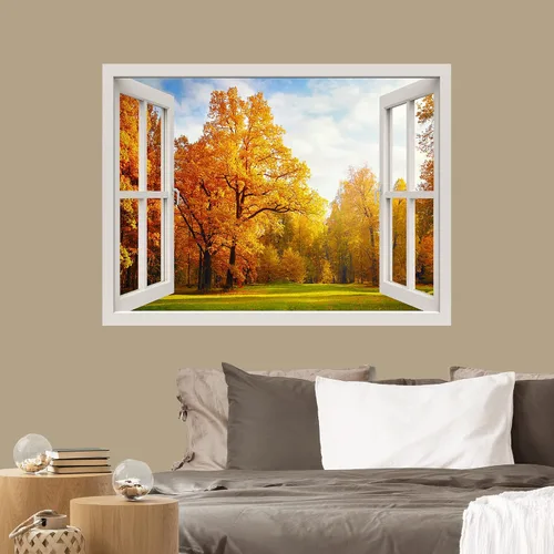 Vista 8 de IDEA4WALL Murales de pared para dormitorio, vista de ventana falsa, bosque, papel tapiz extraíble, calcomanías de pared para despegar y pegar, 24 x