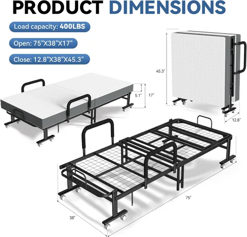 Vista 3 de Cama plegable para invitados con colchón y respaldo ajustable de 6 posiciones para adultos, cama nido plegable de metal, siesta de oficina, descanso