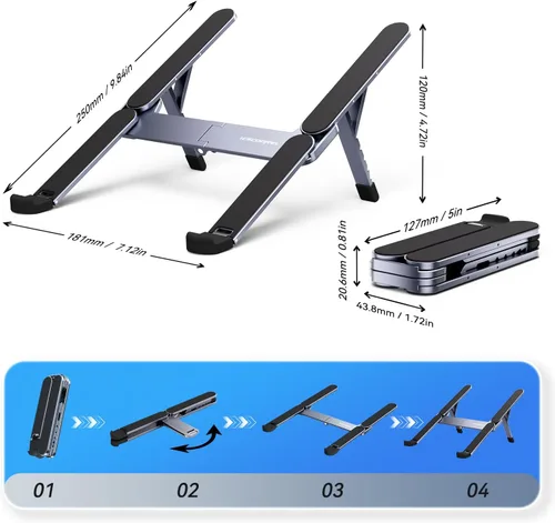 Vista 7 de Soporte portátil para laptop, elevador plegable para computadora portátil, soporte ergonómico ajustable de 6 niveles, soporte de computadora de Gris