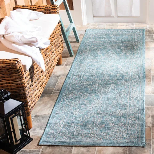 Vista 79 de SAFAVIEH Alfombra lavable al aire libre, colección Courtyard - 2'3" x 5', azul aguamarina y gris, no desprende pelusa y fácil limpieza, ideal