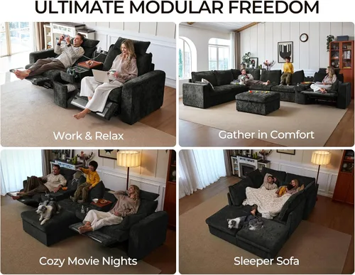 Vista 4 de Sofá reclinable eléctrico de 102.8 pulgadas con reposacabezas, sofá reclinable modular Cloud de gran tamaño con mesa, cajón de almacenamiento