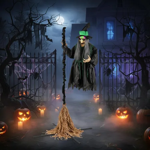 Vista 2 de Tangkula Bruja voladora de Halloween de 7 pies en decoración de escoba