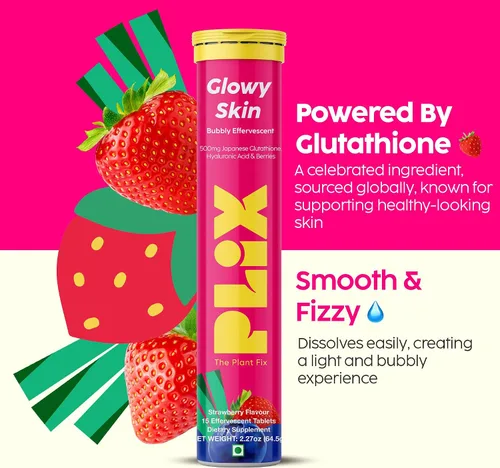 Vista 5 de PLIX Glowy Skin Suplemento de glutatión de 500 mg con ácido hialurónico, vitamina C, E y bayas 15 tabletas efervescentes, sabor fresa