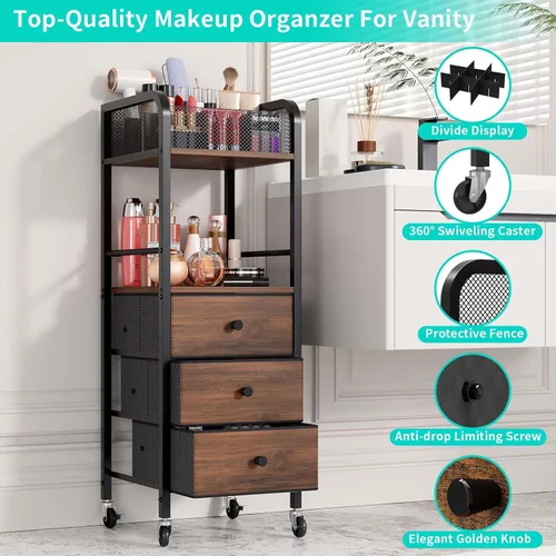 Vista 6 de HapiRm Organizador de Carrito de Maquillaje Rodante - Almacenamiento de Maquillaje y Cuidado de la Piel de Piso con 3 Cajones de Tela No Tejida