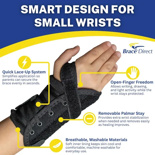 Vista 3 de Brace Direct Muñequera con cordones para niños para esguinces, tensiones, túnel carpiano de Quervain, férula de apoyo pediátrico para recuperación