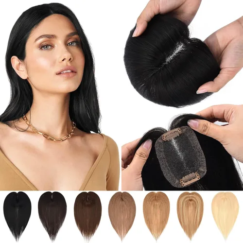 Vista 10 de JGS1996 Toppers de cabello humano real para mujer, 150% de densidad, hecha a mano, base de encaje, peluca de cabello Remy con piezas de cabello Dark