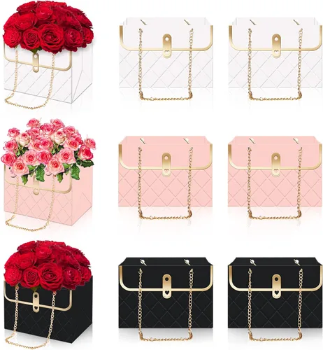 Vista 9 de Whaline 6 bolsas de papel de flores con cadena de metal, ramo de almacenamiento, bolsa de floristería, bolsa de mano, cesta de envoltura de ramo