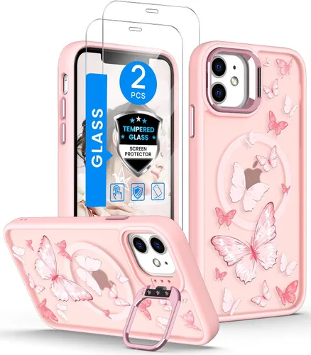 Vista 8 de Dretal Magnético para iPhone 11 Pro, Funda Floral, Protector de Pantalla, Anillo de Lente Integrado, Soporte, Protección de Grado Militar, Funda