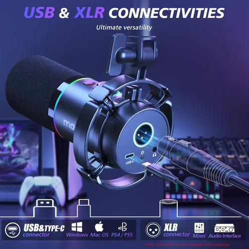 Vista 2 de MAONO Kit de micrófono dinámico XLR/USB, micrófono podcast RGB con software, silencio, perilla de ganancia, control de volumen, brazo de brazo