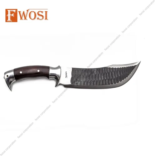 Vista 3 de Kukri Blade - Cuchillo de hoja fija, cuchillo machete Kukri - acero de alto carbono de Leafspring - Mango de palisandro - Funda de cuero marrón