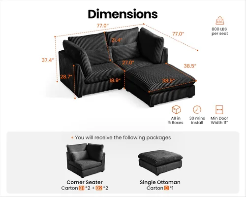 Vista 2 de Sofá modular de pana de gran tamaño de 77 pulgadas, sofá modular de nube lavable con otomana, sofás seccionales de 3 plazas para sala de estar