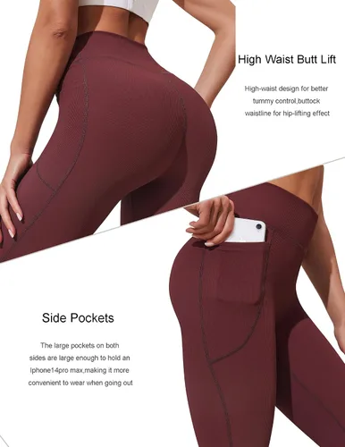 Vista 2 de PINSPARK Pantalones de yoga acampanados para mujer, leggings acanalados con corte de bota, cintura alta, pantalones de entrenamiento con bolsillos