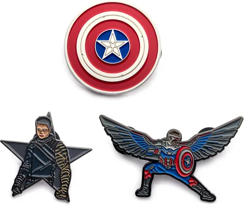 Vista 2 de Marvel Studios The Falcon and The Winter Soldier - Juego de 3 pines de solapa a base de metal y esmalte con caja circular de 63in con licencia