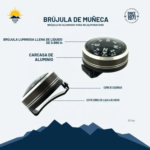 Vista 5 de Sun Company WristLock - Brújula de muñeca de aluminio para reloj o pulsera de paracaídas Clip en diseño de bloqueo Accesorio para camping