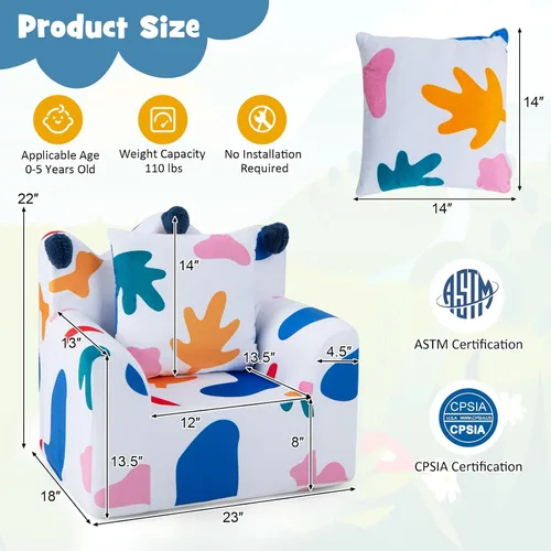 Vista 3 de HONEY JOY Sofá para niños pequeños, silla en forma de corona con almohada adicional, cómodos muebles de sala de juegos para niños con funda