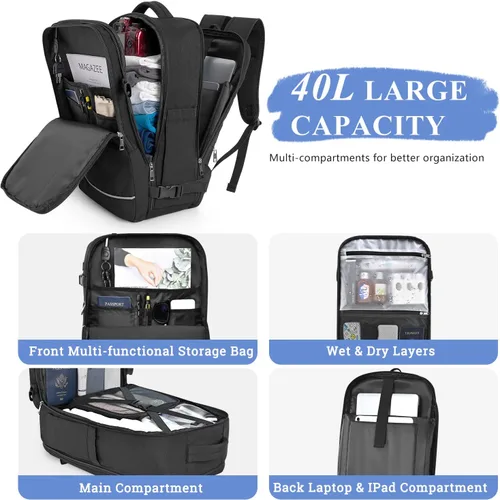 Vista 7 de Sinaliy Mochila de viaje grande para mujeres y hombres, mochila de transporte aprobada por vuelo de 40L, Negro -, Mochilas de viaje