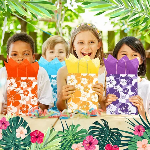 Vista 6 de Teling 12 Set Hibiscus Party Favor Hawaiian Themed Paper Bag with Tissues Summer Tropical Gift Tiki Luau Treat Hawaii Goodie Bags with Handles
