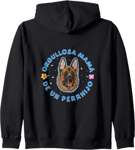 Vista 2 de Orgullosa mamá de un perrhijo. Versión Pastor Alemán Zip Sudadera con capucha, Negro