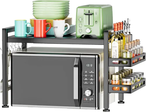 Vista 7 de YIUKEA Estante extensible para horno de microondas, estante ajustable para encimera de cocina, soporte de microondas de 2 niveles