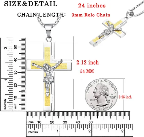 Vista 6 de YL Collar de cruz para hombre de acero inoxidable con colgante de crucifijo de cadena Rolo de Jesucristo, joyería de oración del Señor