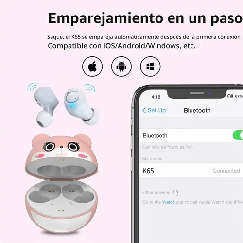 Vista 7 de Auriculares Bluetooth rosa inalámbricos para niños, 36 horas de reproducción, IPX5, impermeable, reducción de ruido, auriculares inalámbricos