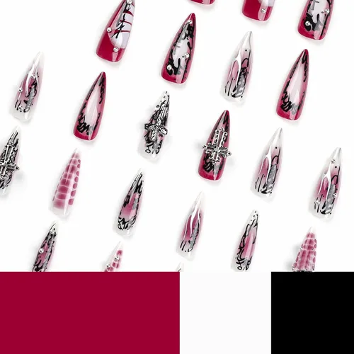 Vista 5 de MISUD Uñas a presión largas tipo Stiletto con pegamento de Rojo Gótico y Negro, diseño gótico cruzado acrílico, 24 piezas 02301Negro y Rojo