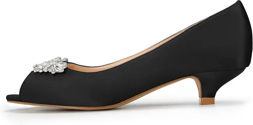 Vista 2 de ERIJUNOR Zapatos de tacón bajo para mujer, con diamantes de imitación, puntera abierta, para boda, fiesta de noche, zapatos de vestir