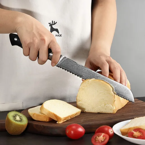 Vista 5 de Cuchillo de pan dentado de 8 pulgadas, cuchillo de cocina profesional de la serie XingRui forjado con VG10 Super Steel de 67 capas de Damasco, mango