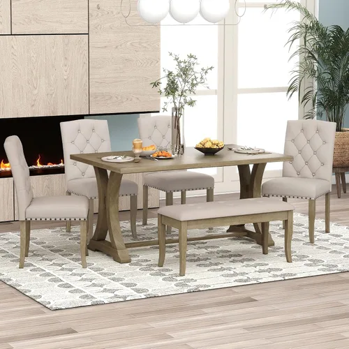 Vista 11 de Merax Juego de mesa de comedor de cocina de 6 piezas, juego de mesa de comedor de granja con mesa rectangular y 4 sillas tapizadas y banco, juego