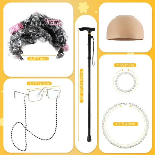 Vista 3 de 9 piezas de disfraz de anciana para niñas del día 100 de escuela, disfraz de abuela para Halloween, accesorios de cosplay