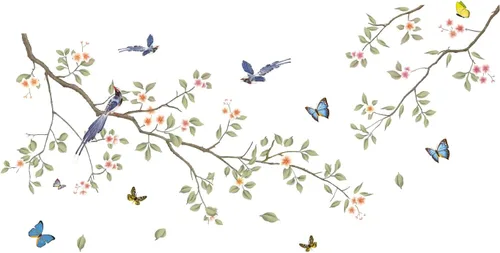 Vista 9 de Calcomanías de pared de ramas de hojas verdes, calcomanías de pared de flores blancas, calcomanías de pared extraíbles para bricolaje, mariposas