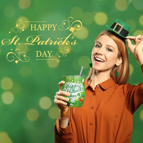 Vista 2 de Zopeal 4 vasos de vino del Día de San Patricio, tazas de café de acero inoxidable de 12 onzas, regalos irlandeses para mujeres y hombres, vasos