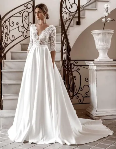 Vista 3 de MASHENGYUE Vestidos de novia de encaje para mujer, vestidos de novia de manga larga 2023 para mujer, vestidos de novia