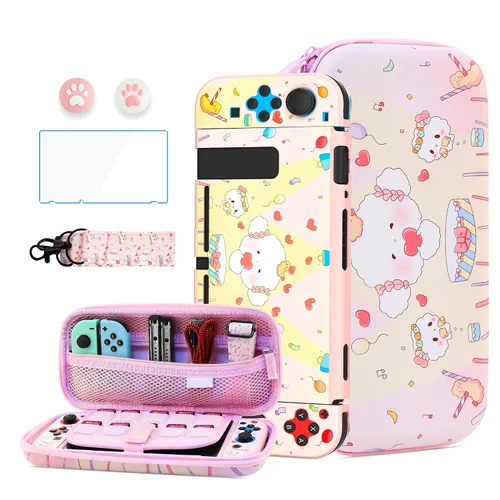 Vista 12 de HYPERCASE Cute Cat Switch Case Kit for NS Accessories Storage, with Portable Travel Carrying Bag Pouch, Soft Switch Protective Skin Cover, HD Screen
