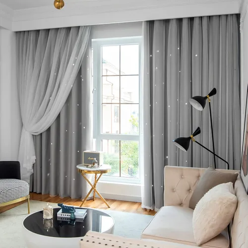 Vista 12 de Loyala Cortinas opacas con diseño de estrellas para dormitorio, doble capa, niños, bonitas, 84 pulgadas de largo, 1 panel, beige, 42 x 84 pulgadas