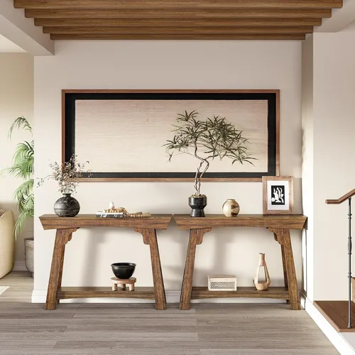 Vista 6 de LITTLE TREE - Mesa de consola de 41 pulgadas con almacenamiento, mesa de sofá de 2 niveles detrás del sofá, mesa de entrada estilo granja para sala