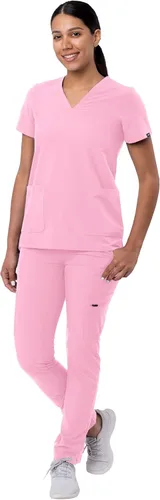 Vista 5 de Adar Addition Go-Basic - Conjunto de uniforme quirúrgico para mujer con blusa de cuello en V y pantalones cargo ajustados Rosa suave