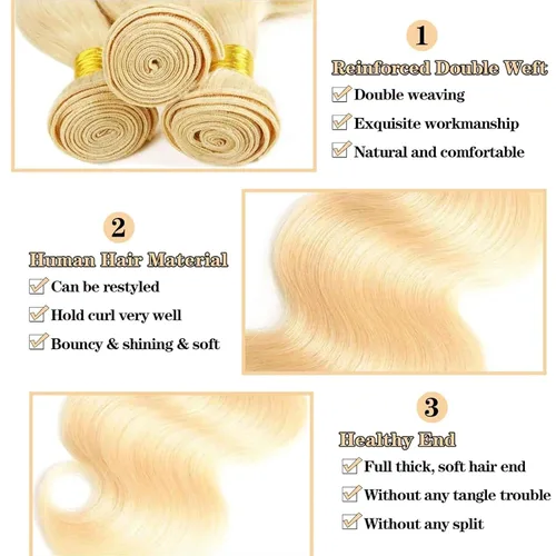 Vista 3 de 613 paquetes de cabello humano rubio de 12 pulgadas, 100% sin procesar, grado 12A, cabello humano virgen brasileño, 1 manojos de extensiones