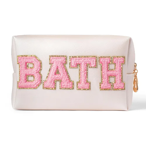 Vista 6 de Y1tvei Preppy Patch SKIN Letra Blanca Rosa Bolsa de Aseo para Cosméticos de Piel Sintética Bolsa de Maquillaje Portátil Bolsa de Almacenamiento