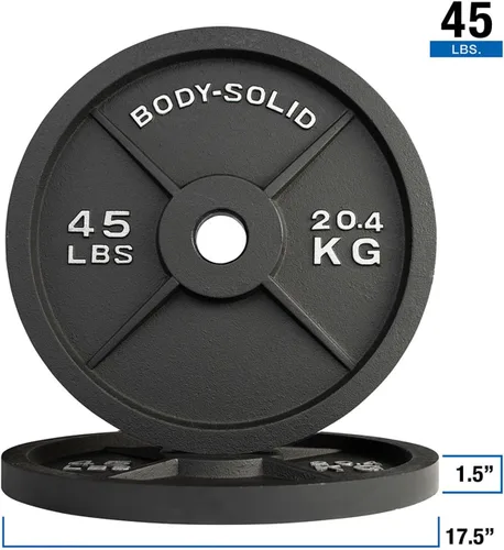 Vista 5 de Body-Solid Juego de platos olímpicos de hierro fundido, placas de mancuernas con agujero estándar de 2 pulgadas para todos los tipos de pesas